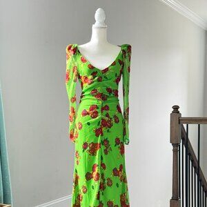 Topshop Green Floral Maxi Dress Open Back Long Sleeve Size 4 NWT